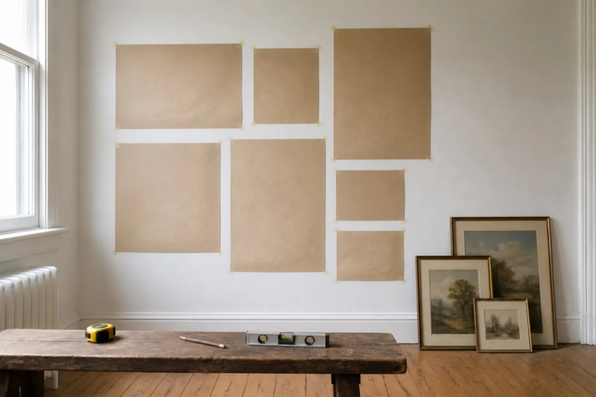 Papierschablonen auf einer weißen Wand, um das Layout einer Galerie-Wand zu planen, mit gerahmten Vintage-Drucken, die auf dem Boden lehnen