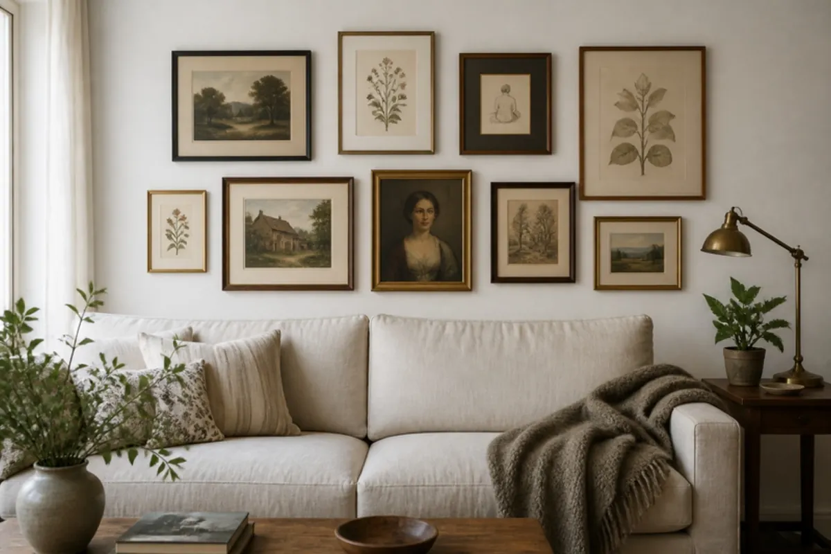Bright living room with a gallery wall of framed vintage landscape, botanical and portrait prints above a cream linen sofa