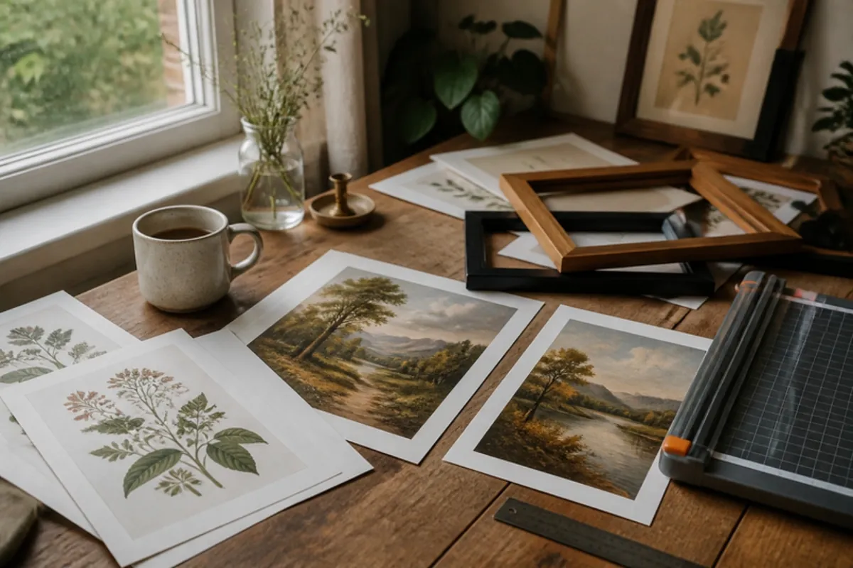 Frisch gedruckte Vintage-Kunstdrucke auf mattem Papier, auf einem Schreibtisch ausgelegt, daneben leere Rahmen zum Einrahmen