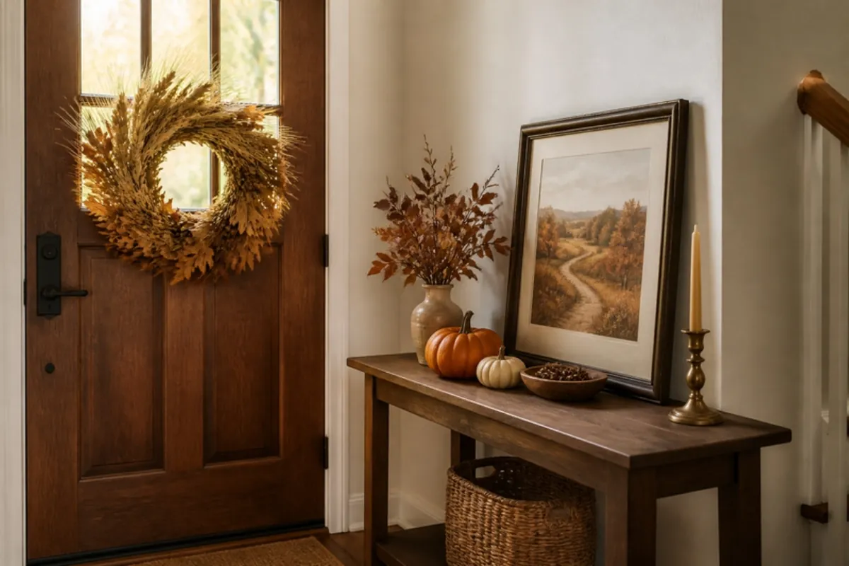 Ingresso accogliente con una ghirlanda autunnale sulla porta e una stampa incorniciata di paesaggio autunnale su una consolle